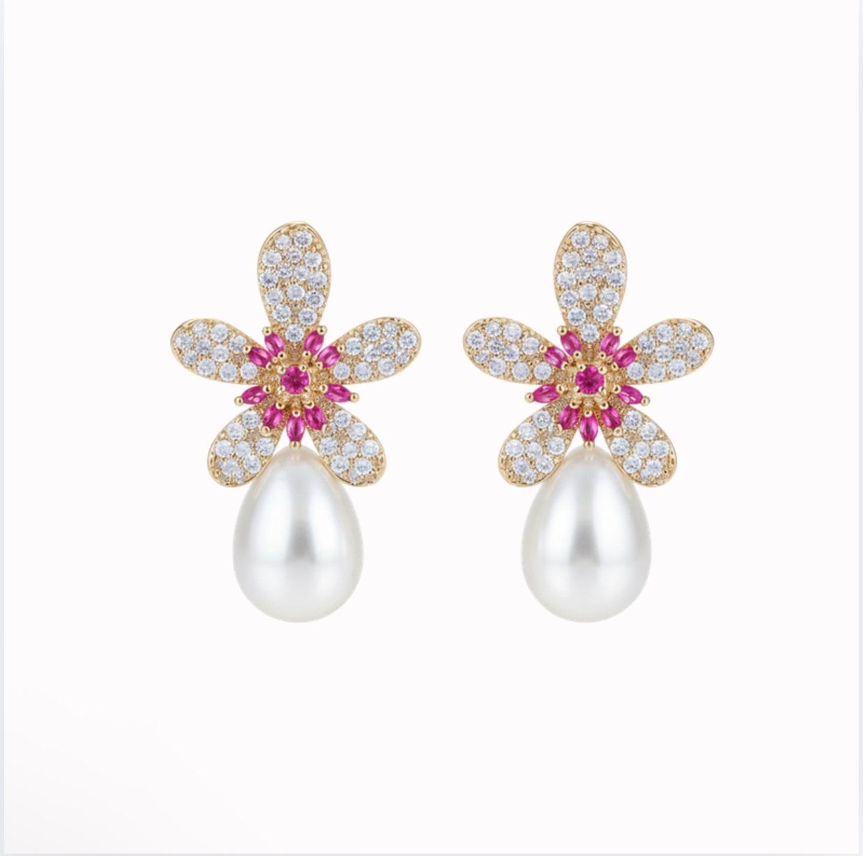 Gold Red Pearl Earrings